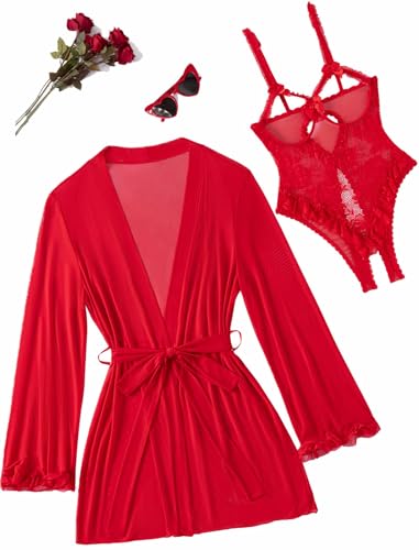Avidlove Women's Sexy Lingerie Set 2 Pieces Cutout Teddy Bodysuit with Sheer Kimono Robe Mesh Sleepwear Nightwear Boudoir Outfits Red XX-Large