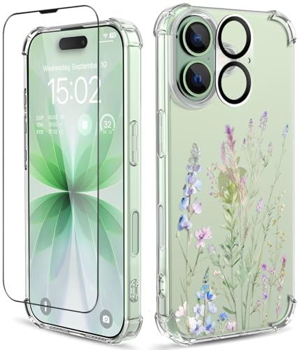 ilnehc for iPhone 17 Case,[3 in 1] with Screen Protector & Camera Lens Protector, Flower Pattern Design,Clear Soft Shockproof Slim Floral Phone Cover for Women Girls 2025 6.3" (Foxtail Grass)