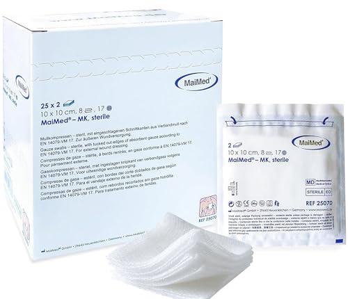 Kompressen Sterile 10x10cm 50 Stück Wundkompressen STERIL 8 Lagen Wundauflage Verbandsmaterial Mullkompressen Wundgaze Kompresse zur Wundversorgung Blutabsorption+E-Book (über Gesundheit)