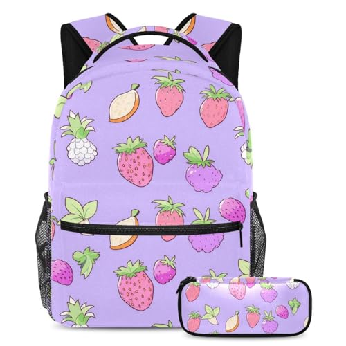 Ensemble cartable enfant et trousse multicolore au motif fruits violets dynamique