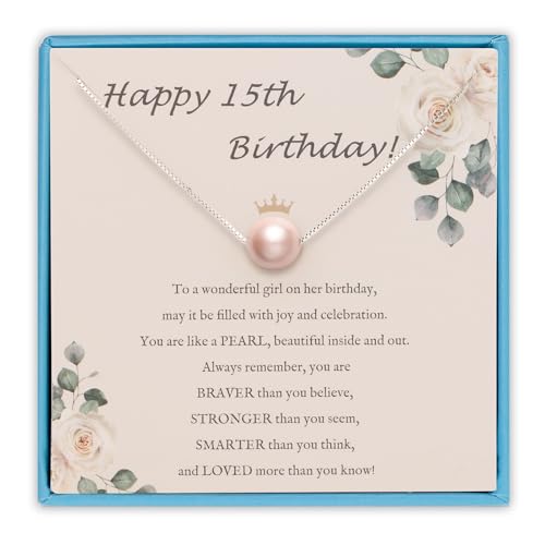 Sereney 15 Year Old Girl Gifts Sterling Silver Pink Pearl Necklace as Quinceanera Gifts Adjustable Necklaces as 15th Birthday Gifts Birthday Gifts for 15 Year Old Girl Daughter Granddaughter
