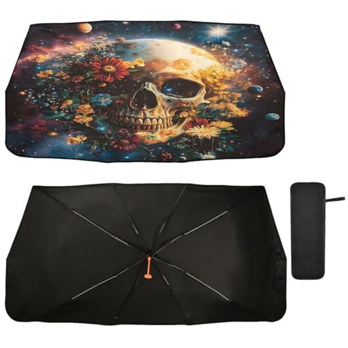 ALAZA Sugar Skull Starry Sky Blossom Floral Car Windshield Sun Shade Umbrella Foldable Automotive Windshield Sunshades Car Front Window Protector for UV Ray Block for Most Vehicles