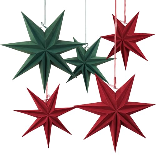 EASY JOY 5PCS Christmas Paper Star 3D Star Lanterns Hanging Red Green Christmas Decorations Vintage Xmas Velvet Ornaments for Wall/Tree/Window Home Decor