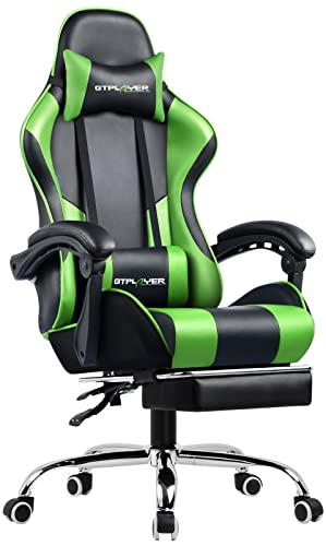 GTPLAYER ゲーミングチェア オットマン付き オフィスチェア フットレスト デスクチェア ゲーム用チェア リクライニング パソコンチェア ハイバック ヘッドレスト ランバーサポート ひじ掛け付き PUレザー グリーン PL800-GREEN
