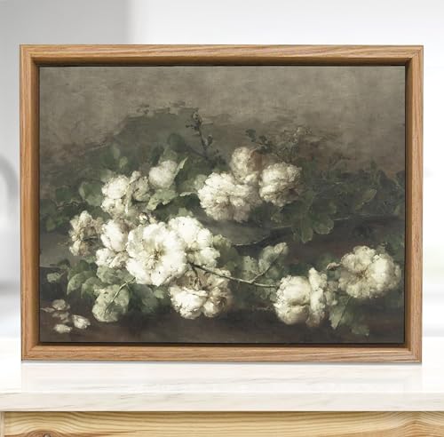 Induslyfe Small Framed Wall Art Decor Classical Oil Painting Canvas Prints French Landscape White Flowers Plant Botanical Sage Green Vintage Wall Art for Home Bathroom Living Room Kitchen 9x12in