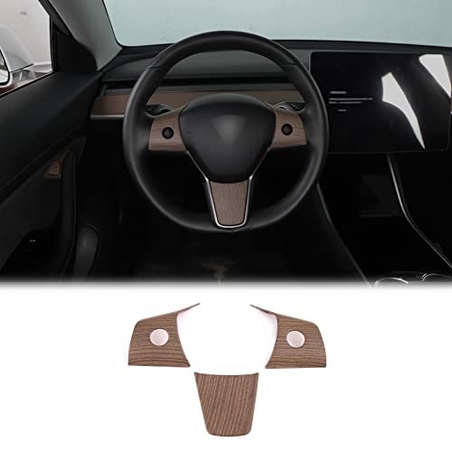 Steering Wheel Cover For Tesla Model 3 2017-2023 / Model Y 2020-2023, Steering Wheel Wrap Cap Trims Kit, 3Pcs, Abs (Wood Grain) #TOP4