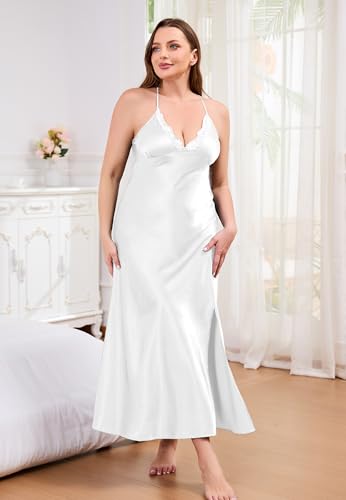 ALCEA ROSEA Plus Size Long Silky Satin Lace Nightgowns Slip for Women Oversized Sleepwear Lingerie Long Sleepdress elegant4