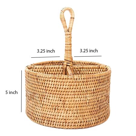 Image of AKWAY Bamboo Rattan Spoon Stand | Round Cutlery Holder | Kitchen Rack for Cafe & Resto-bar | Tableware Storage (6.5W x 6.5L x 5H Inches, Beige)