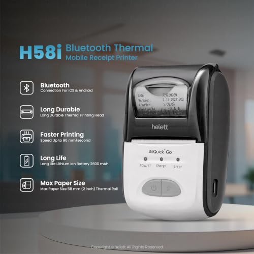 Image of helett BillQuick Go 2 Inch (58mm) Thermal Receipt Printer & Billing Machine for Retail Shop | Bluetooth + USB Type-C | 203 DPI | 2600mAh Battery | Android, iOS, Windows & Mac | Adapter & Roll
