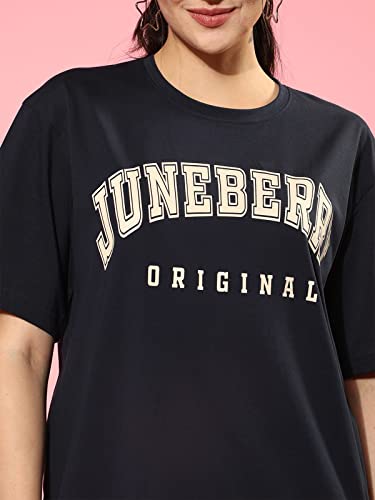 Image of JUNEBERRY Pure Cotton Oversized Drop Shoulder Brand Logo Typography Print Round-Neck Baggy Fit T-Shirt for Women (Available in Navy, Green & Pink Colors)