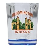R and R Imports Bloomington Indiana Vintage Souvenir Design 2 oz Shot Glass Square Blue Base