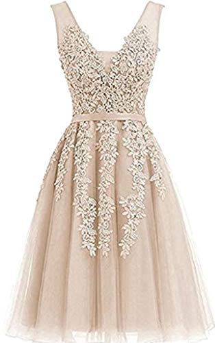 Annadress Women's Sleeveless Homecoming Dresses Short Net Bridesmaid Dresses Appliques Evening Cocktail Gowns (8, Champagne)