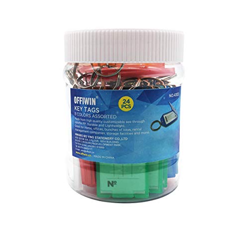Offiwin 24 Pcs Plastic Key Tags Keys Identifier Id Labels With Split Ring Label Window, Assorted Colors In One Pet Jar #TOP5