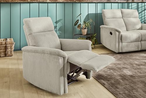 Stilvoller Fernsehsessel mit Federkernpolsterung und Wellenunterfederung B78/T93/H100 cm, verstellbarer TV-Sessel durch praktische halbautomatische Relaxfunktion, Bezug Cord in Beige / 15504 – Bild 3
