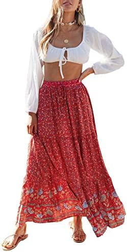ZESICA Women's 2023 Bohemian Floral Printed Elastic Waist A Line Maxi Skirt with Pockets,Red#2,X-Large