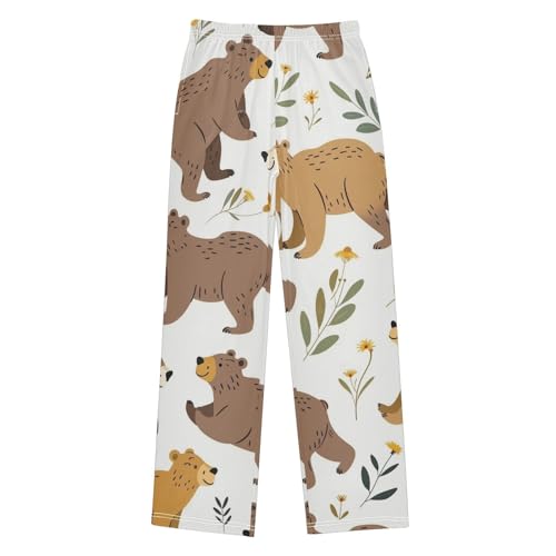 Bear Florals Boys Long Pants Soft Trousers Elastic Waist Kids Lounge Bottoms with Pockets S-XL