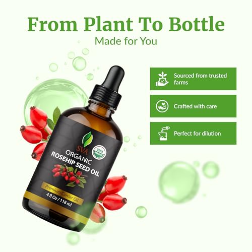 Image of SVA Organic Rosehip Seed Oil, Glass Bottle with Dropper, 4 Fl Oz (118 ml) | Rosehip Seed Oil for Face Care, Skin Care, Facial Oil, Body Massage, Hair Care, Scalp Massage, Nail Care & DIY Beauty Blends