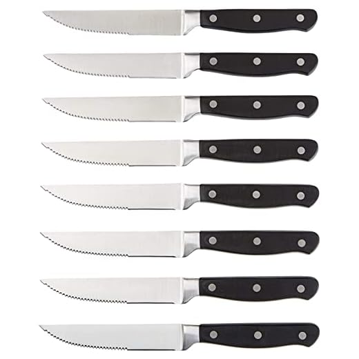 Amazon Basics Juego de cuchillos de carne, 8 Unidad, Negro/Acero inoxidable cepillado