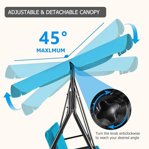 Image of GARTOO 3-Seat Patio Swing Chair, Outdoor Porch Swing with Adjustable Canopy and Durable Steel Frame for Patio, Garden, Poolside(Turquoise)