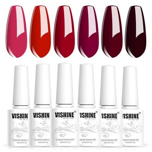 Vishine Coffret de Vernis à Ongles Gel Rouge Bourgogne Bordeaux de 6 Couleurs Poupre Foncé Vin Rouge Brillant Kit de Vernis à Ongles Gel UV LED Soak off Manucure Nail Art 8ml