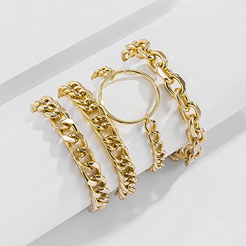 Jwicos Gold Chunky Chain Bracelet For Women And Girls Charm Boho Bracelet For Teen Girls Women Flat Cable Chunky Chain Bangle With Circle Set Of 4 (Gold) #TOP2