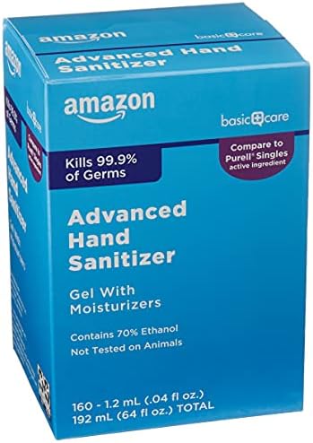 Amazon Basic Care Advanced Hand Sanitizer, Unscented, 160 Count (Individual Gel Packets), Kills 99.9% of Germs