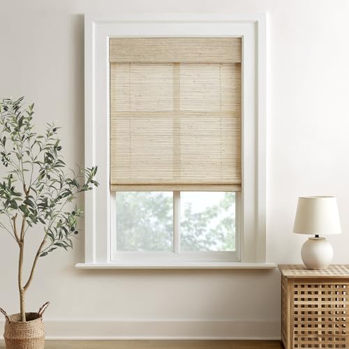 HOMEIDEAS 100% Natural Cordless Ramie Roman Shades Sun Light Filtering Window Treatment Privacy Protection Easy to Install Blinds Shades for Kitchen Indoor Windows, 1 Piece, W30 X L60, Beige