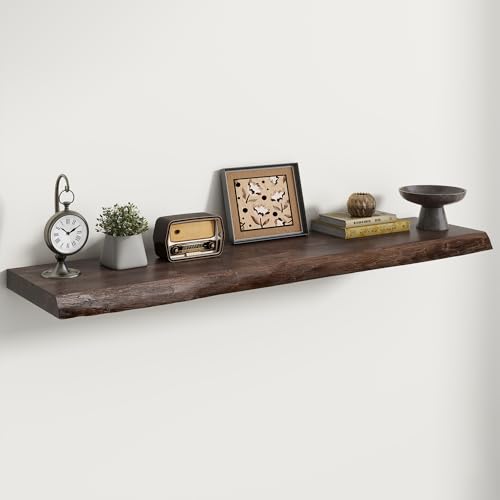 Image of RICHFOCUS Live Edge Elm Floating Shelves - 48 inch W x 9.3 inch D Rustic Solid Wood Wall Shelves with Invisible Bracket, Wall-Mounted for Living Room, Bedroom, Kitchen Storage & Display, Set of 1, Walnut