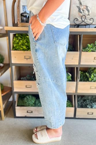 Urchics Womens Casual Pants Beau Blue Flower Patched Light Wash Cropped High Waist Jeans2