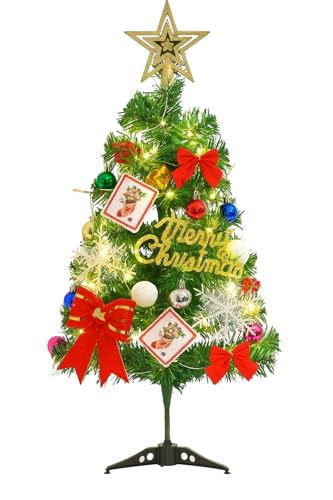 2ft (60cm) Mini Christmas Tree – Pre-Decorated Tabletop Xmas Tree with Assorted Ornaments for Festive Home, Desk & Holiday Display