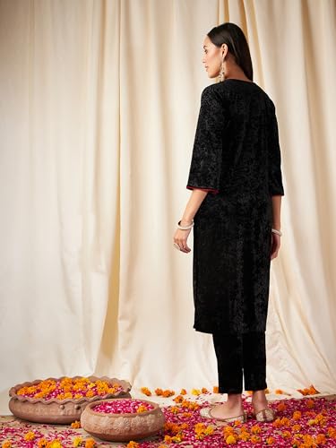 Image of Women's Velvet Floral Embroidered Straight Kurta | Round Neck Three-Quarter Sleeve Calf Length Kurti with Thread Work