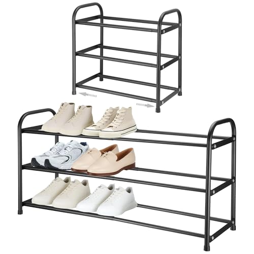 Fentar Scarpiera Estensibile in Acciaio Inossidabile, 3 Ripiani Scaffale Scarpe Nero e Stretto per Armadio, Ingresso o Guardaroba, Mensola Metallica Resistente (Capienza 6-12 Paia), Risparmio Spazio