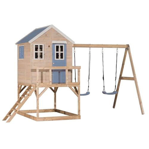 Wendi Toys M27PB - Casa de zanco con columpio doble, torre de juego de madera para niños, jardín, exterior, altura del pedestal 90 cm, 192 x 405 x 242 cm, con escalera, terraza, persianas y suelo