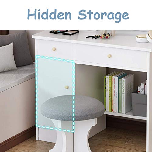 Mesa de tocador con espejo de 80 cm y taburete moderno con cajones para dormitorio 7