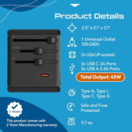 Image of Ceptics 8 in 1 Universal Travel Adapter for EU, UK, US, AU and More, World Travel Adapter, 2X US Socket, Universal Socket, 3X USB-C and 2X USB-A, 45W Fast Charge - UP-45KU-BL