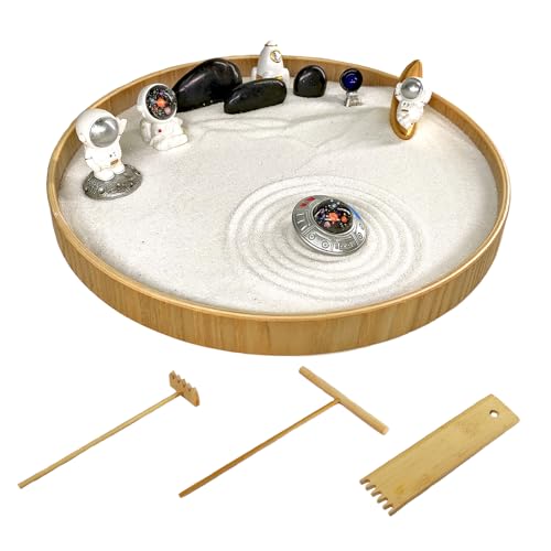 Parallel Halo Zen Garden for Desk, Spaceman Theme Mini Zen Garden Desktop Decor, Zen Relaxation Sand Tray with Astronaut Statue for Office, Living Room or Bedroom, Zen Gift Meditation Accessories