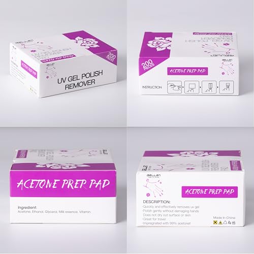 Image of GELLEN Acetone Gel Polish Remover Pads, 200 Pack Individually Wrapped | Travel Bulk Set with Tools, Quick & Effective Removes Gel & Regular Nail Polish, Professional Soak-Off Remover for Salon Home