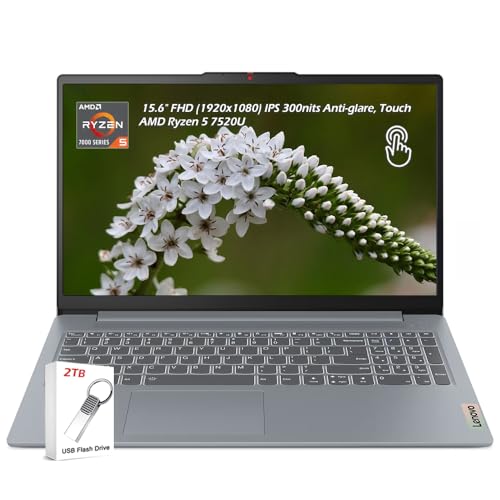 Image of Lenovo IdeaPad Slim 3 Laptop, 15.6 Inch FHD Touch Display, AMD Ryzen 5 7520U, 8GB DDR5 RAM, 2TB SSD, Windows 11, AMD Radeon 610M, WiFi 6, Bluetooth, Artic Grey, w /2TB Flash Drive, W /GaLiMu