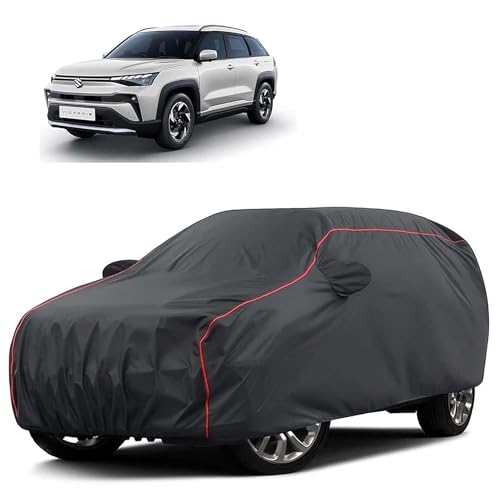 Image of Sulfar 100% Water Resistant Car Body Cover Compatible with Mirror for Maruti Suzuki Victoris (Triple Stitched, Full Bottom Elastic, Dark Grey Tafetta with Red Piping)