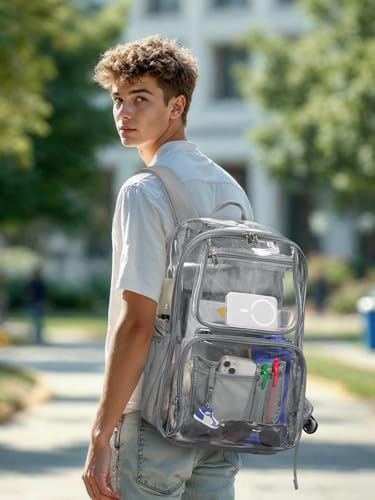 Image of Heavy Duty Clear Backpack For Kids Women Men Boys Girls, 17 Inch Large See Through Backpack, 360 3M Reflective Strips Clear Bookbag, Transparent Bag For School College Sport Work Travel, Grey