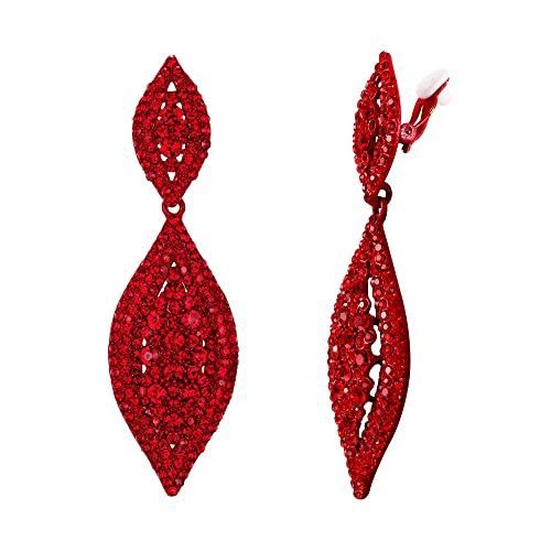 EVER FAITH Boucles d'Oreilles Clip Femme Pendentif Forme Double Feuilles Éclat Style Fastueux Bijou Cristal Strass Cadeau Mariage Rouge Cover