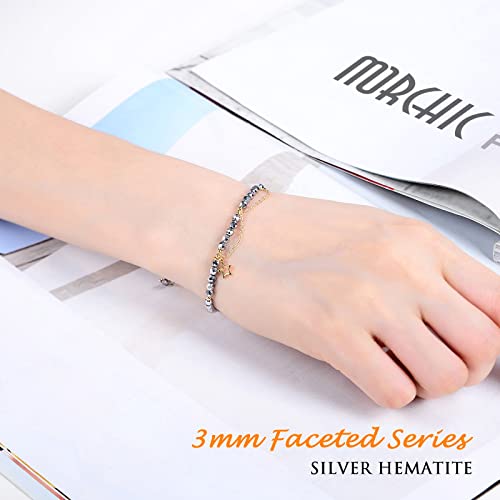 Morchic Silver Hematite 3Mm Gemstone Faceted Beads Womens Strand Bracelet, Easy Adjustable 7-9 Inch Birthday Gift #TOP5