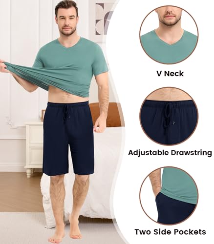 Image of NACHILA Men's Pajamas-Viscose Made from Bamboo, Short Sleeve Top with Shorts Pjs Set V Neck Sleepwear Cool Loungewear