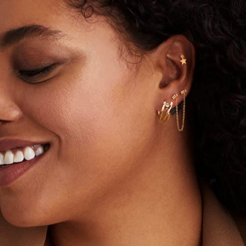 MYEARS Women Double Piercing Earrings Gold Stud Baguette Chain Ear Connected Cubic Zirconia 14K Small Simple Hypoallergenic Everyday Geometric Jewelry by MYEARS - Image 2