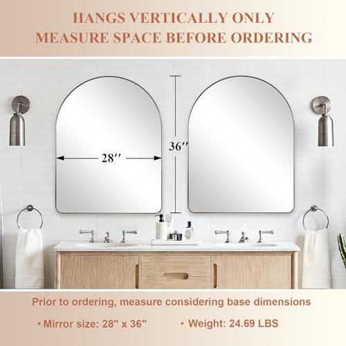 Image of ANDY STAR Arched Mirror, 28 x 36 Inch Brushed Nickel Wall Mirror in Stainless Steel Metal Frame, Arch Top Rounded Corner 1 Inch Deep Set Design Wall Mount Hangs Vertical