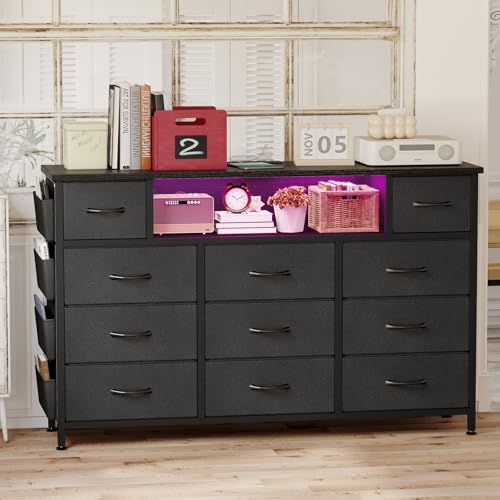 YGEOMER Black Dresser for Bedroom with Power Outlets and LED Lights 11 Drawers with Side Pocket, Fabric Drawers with PU Finish, Frame & Wood Top for 60inch TV Long Dresser Storage Organizer