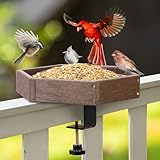 Kingsyard Clamp-On Deck Bird Feeder 11in Hexagon, Adjustable Balcony Railing Clamp 2.2in No-Drill, Recycled Plastic Seed Tray Metal Mesh Drainage Easy-Clean 3 lb, Brown