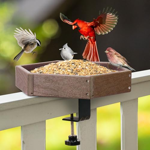 Kingsyard Clamp-On Deck Bird Feeder 11in Hexagon, Adjustable Balcony Railing Clamp 2.2in No-Drill, Recycled Plastic Seed Tray Metal Mesh Drainage Easy-Clean 3 lb, Brown