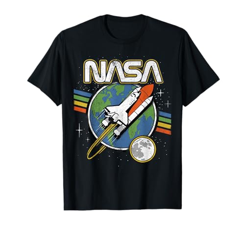 NASA Blast Off Retro Rainbow Stripes Graphic T-Shirt T-Shirt
