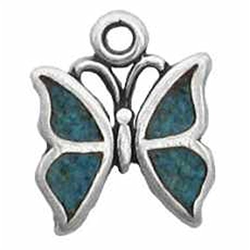 Auntie's Treasures Sterling Silver Womens 30" 1mm Mini Butterfly Simulated Blue Turquoise Chips Inlay Pendant Necklace